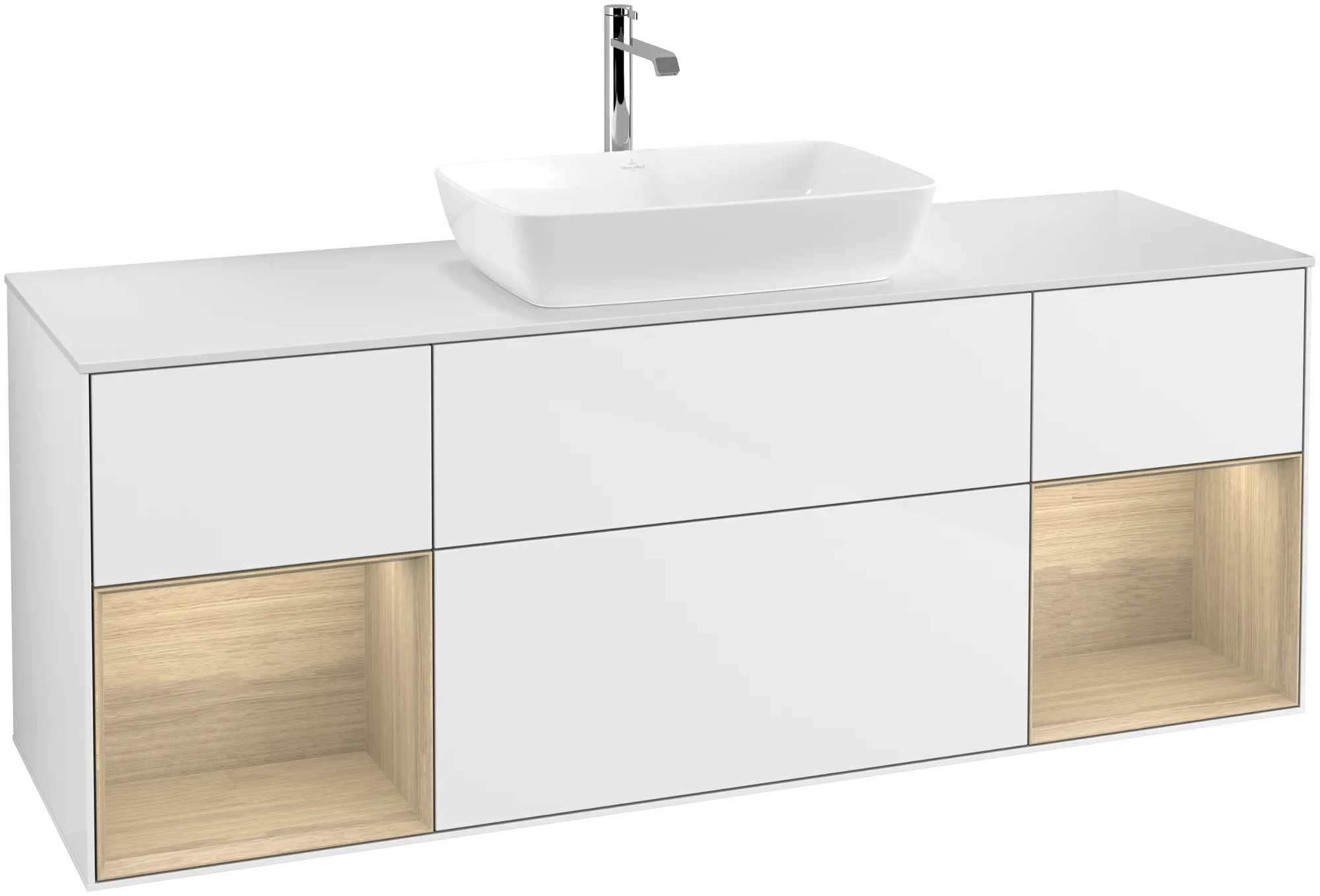 Obrázek VILLEROY BOCH Finion Vanity unit, with lighting, 4 pull-out compartments, 1600 x 603 x 501 mm, Glossy White Lacquer / Oak Veneer / Glass White Matt #G861PCGF