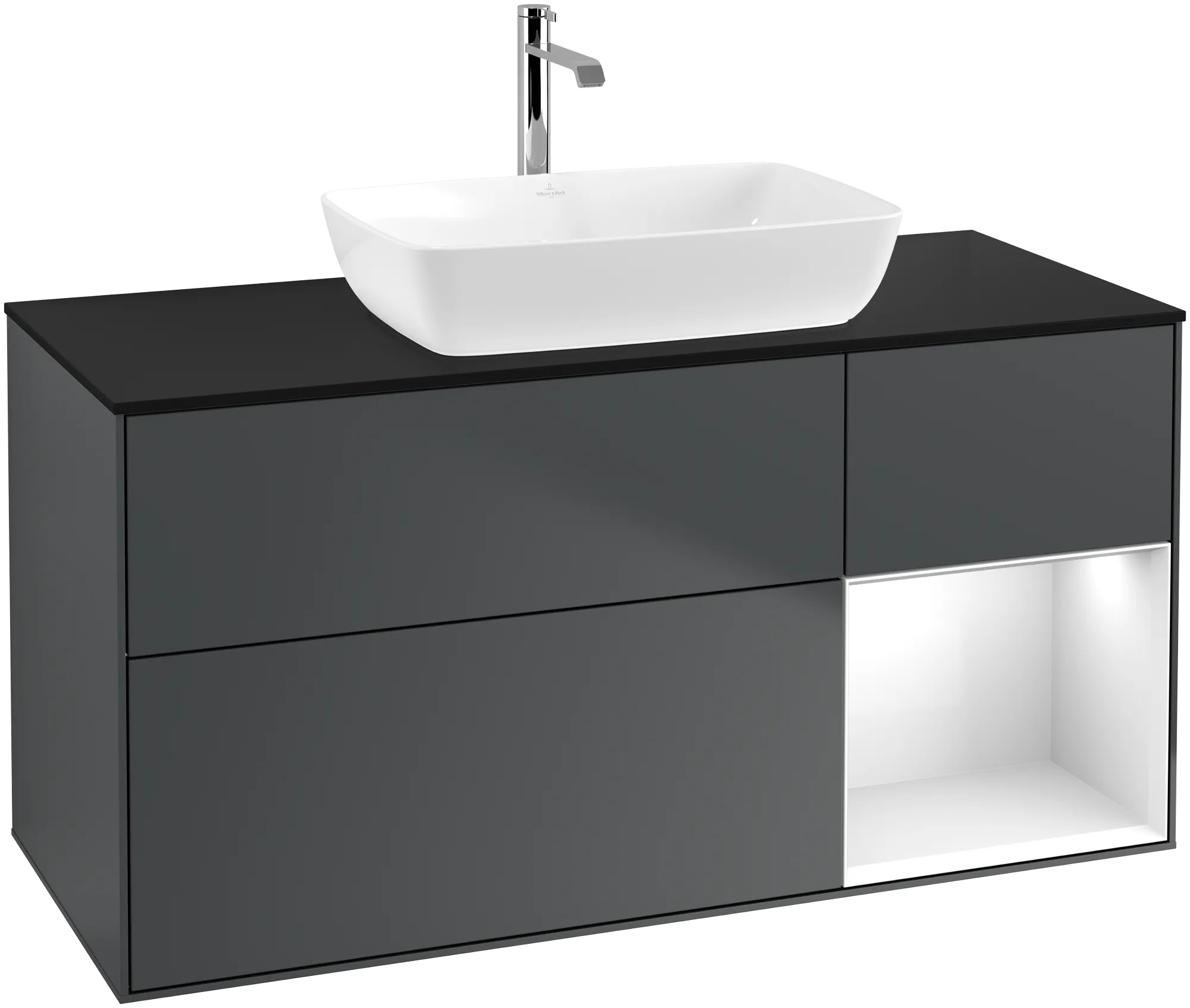Obrázek VILLEROY BOCH Finion Vanity unit, with lighting, 3 pull-out compartments, 1200 x 603 x 501 mm, Midnight Blue Matt Lacquer / Glossy White Lacquer / Glass Black Matt #G832GFHG