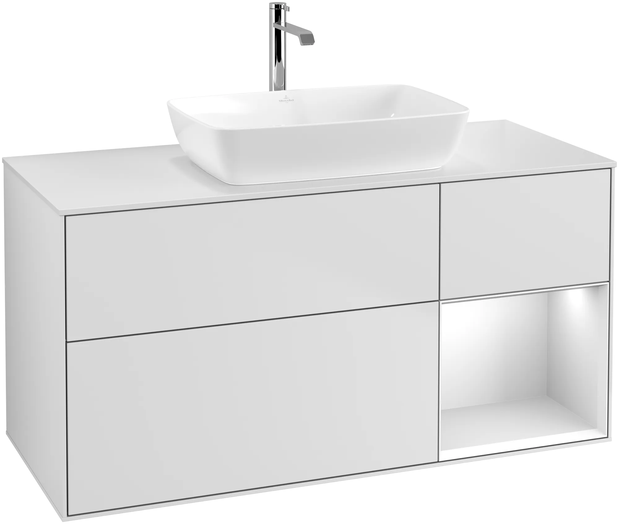 Obrázek VILLEROY BOCH Finion Vanity unit, with lighting, 3 pull-out compartments, 1200 x 603 x 501 mm, White Matt Lacquer / White Matt Lacquer / Glass White Matt #G831MTMT