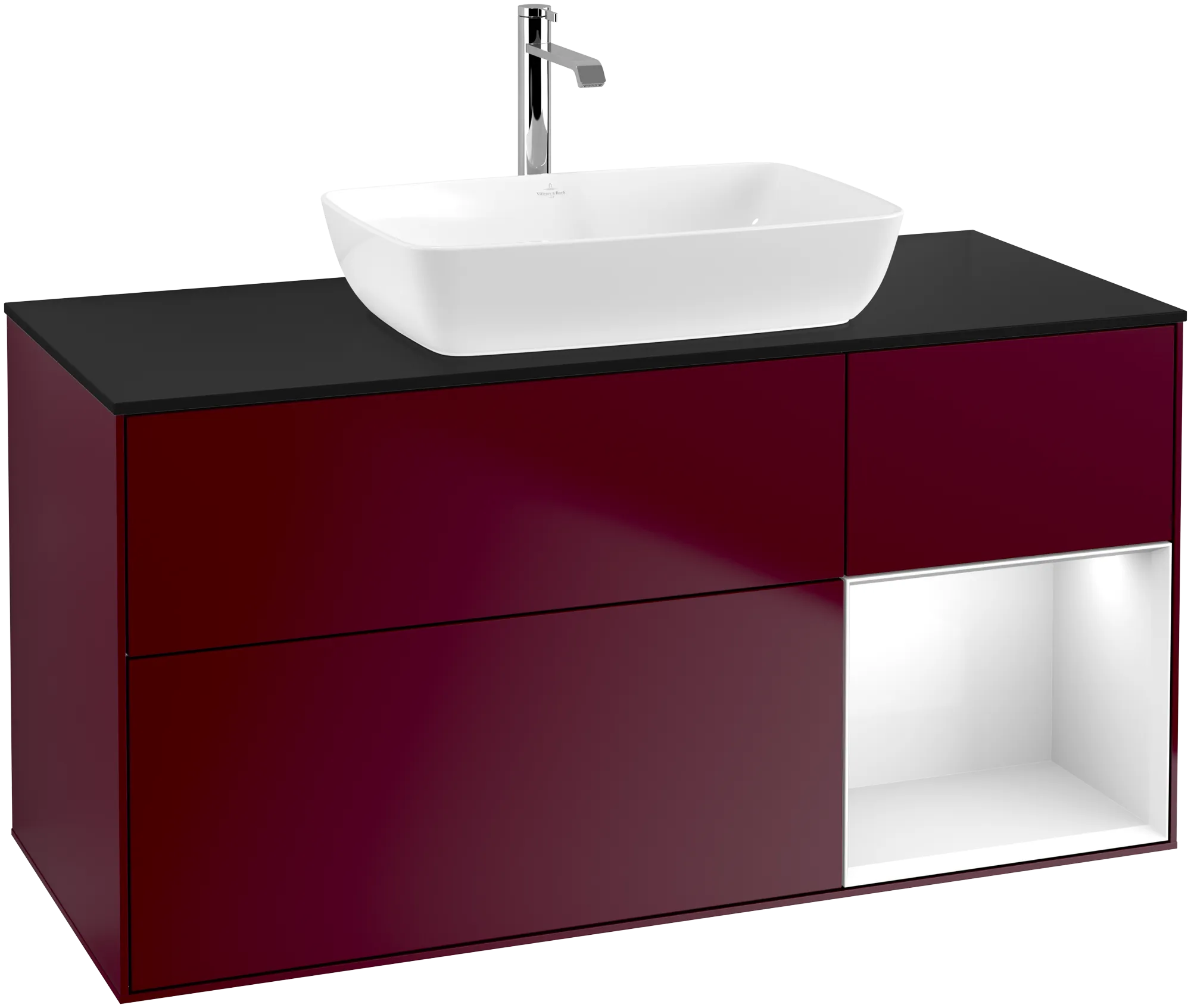 Obrázek VILLEROY BOCH Finion Vanity unit, with lighting, 3 pull-out compartments, 1200 x 603 x 501 mm, Peony Matt Lacquer / Glossy White Lacquer / Glass Black Matt #G832GFHB