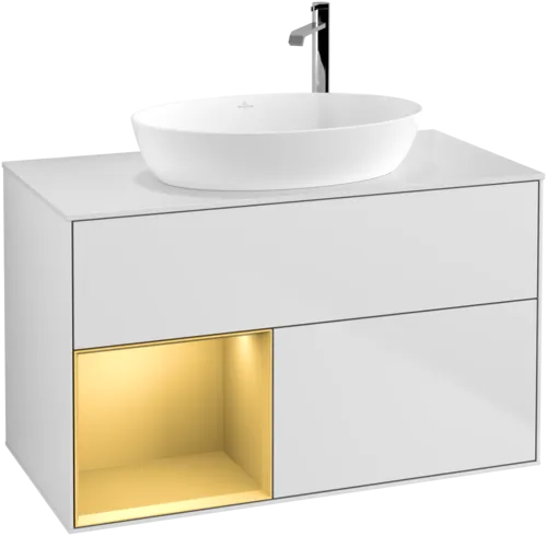 Obrázek VILLEROY BOCH Finion Vanity unit, with lighting, 2 pull-out compartments, 1000 x 603 x 501 mm, White Matt Lacquer / Gold Matt Lacquer / Glass White Matt #G891HFMT