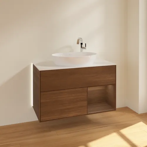 Bild von VILLEROY BOCH Finion Waschbeckenunterschrank, mit Beleuchtung, 2 Auszüge, 1000 x 603 x 501 mm, Walnut Veneer / Walnut Veneer / Glass White Matt #G901GNGN