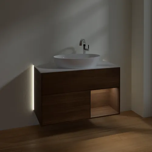 Bild von VILLEROY BOCH Finion Waschbeckenunterschrank, mit Beleuchtung, 2 Auszüge, 1000 x 603 x 501 mm, Walnut Veneer / Walnut Veneer / Glass White Matt #G901GNGN
