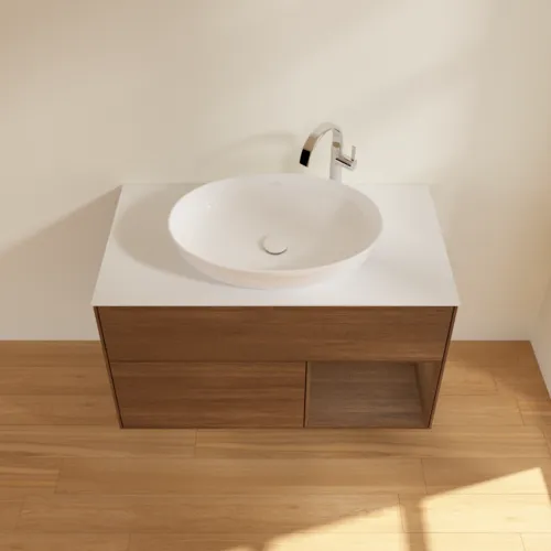 Bild von VILLEROY BOCH Finion Waschbeckenunterschrank, mit Beleuchtung, 2 Auszüge, 1000 x 603 x 501 mm, Walnut Veneer / Walnut Veneer / Glass White Matt #G901GNGN