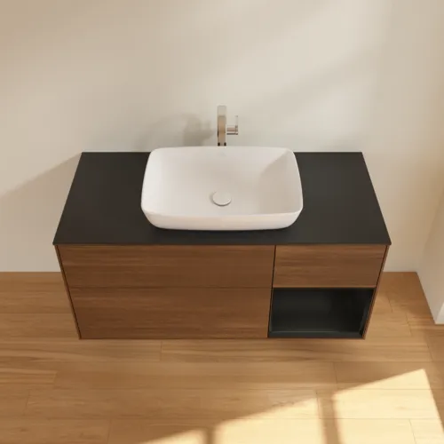 Bild von VILLEROY BOCH Finion Waschbeckenunterschrank, mit Beleuchtung, 3 Auszüge, 1200 x 603 x 501 mm, Walnut Veneer / Black Matt Lacquer / Glass Black Matt #G832PDGN