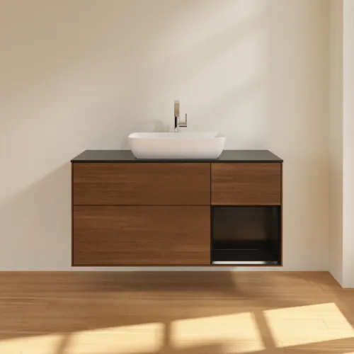 Bild von VILLEROY BOCH Finion Waschbeckenunterschrank, mit Beleuchtung, 3 Auszüge, 1200 x 603 x 501 mm, Walnut Veneer / Black Matt Lacquer / Glass Black Matt #G832PDGN