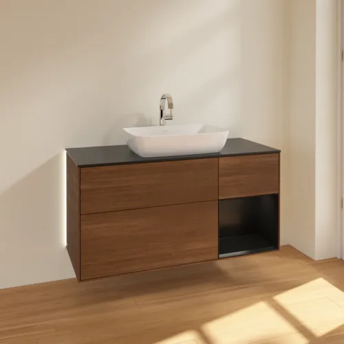 Bild von VILLEROY BOCH Finion Waschbeckenunterschrank, mit Beleuchtung, 3 Auszüge, 1200 x 603 x 501 mm, Walnut Veneer / Black Matt Lacquer / Glass Black Matt #G832PDGN