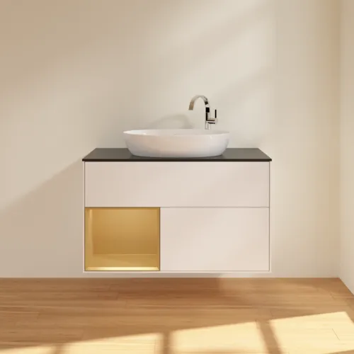 Bild von VILLEROY BOCH Finion Waschbeckenunterschrank, mit Beleuchtung, 2 Auszüge, 1000 x 603 x 501 mm, White Matt Lacquer / Gold Matt Lacquer / Glass Black Matt #G892HFMT