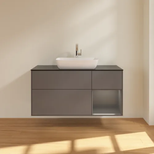 Bild von VILLEROY BOCH Finion Waschbeckenunterschrank, mit Beleuchtung, 3 Auszüge, 1200 x 603 x 501 mm, Anthracite Matt Lacquer / Anthracite Matt Lacquer / Glass Black Matt #G832GKGK