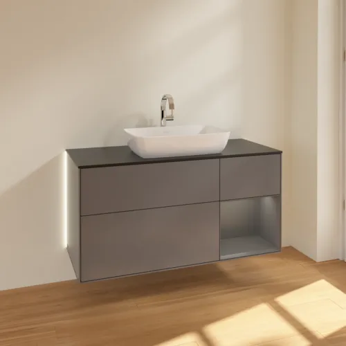 Bild von VILLEROY BOCH Finion Waschbeckenunterschrank, mit Beleuchtung, 3 Auszüge, 1200 x 603 x 501 mm, Anthracite Matt Lacquer / Anthracite Matt Lacquer / Glass Black Matt #G832GKGK