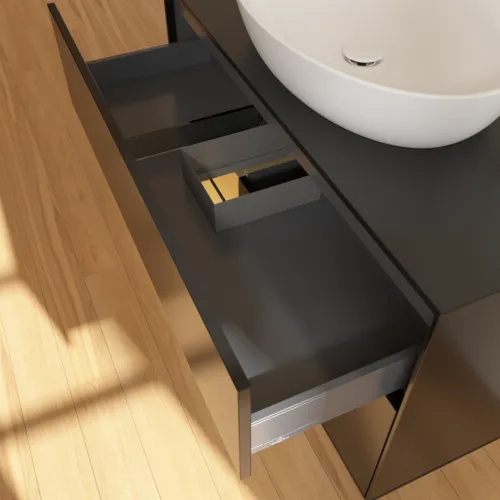 Bild von VILLEROY BOCH Finion Waschbeckenunterschrank, mit Beleuchtung, 2 Auszüge, 1000 x 603 x 501 mm, Black Matt Lacquer / Gold Matt Lacquer / Glass Black Matt #G892HFPD