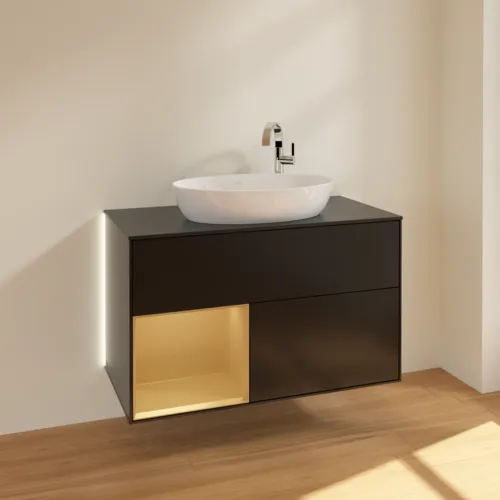 Bild von VILLEROY BOCH Finion Waschbeckenunterschrank, mit Beleuchtung, 2 Auszüge, 1000 x 603 x 501 mm, Black Matt Lacquer / Gold Matt Lacquer / Glass Black Matt #G892HFPD