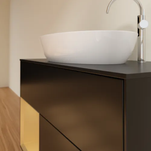 Bild von VILLEROY BOCH Finion Waschbeckenunterschrank, mit Beleuchtung, 2 Auszüge, 1000 x 603 x 501 mm, Black Matt Lacquer / Gold Matt Lacquer / Glass Black Matt #G892HFPD