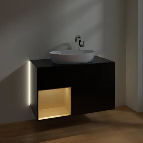 Bild von VILLEROY BOCH Finion Waschbeckenunterschrank, mit Beleuchtung, 2 Auszüge, 1000 x 603 x 501 mm, Black Matt Lacquer / Gold Matt Lacquer / Glass Black Matt #G892HFPD