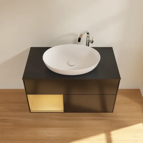 Bild von VILLEROY BOCH Finion Waschbeckenunterschrank, mit Beleuchtung, 2 Auszüge, 1000 x 603 x 501 mm, Black Matt Lacquer / Gold Matt Lacquer / Glass Black Matt #G892HFPD