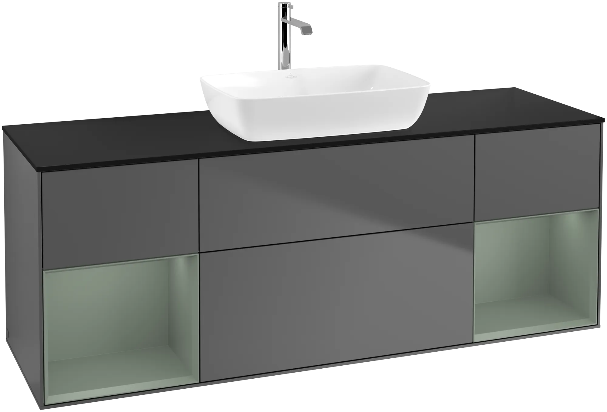 Picture of VILLEROY BOCH Finion Vanity unit, with lighting, 4 pull-out compartments, 1600 x 603 x 501 mm, Anthracite Matt Lacquer / Olive Matt Lacquer / Glass Black Matt #G862GMGK