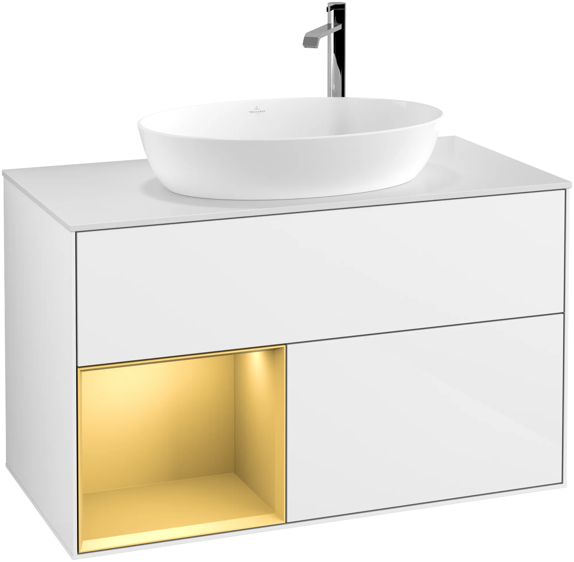 Picture of VILLEROY BOCH Finion Vanity unit, with lighting, 2 pull-out compartments, 1000 x 603 x 501 mm, Glossy White Lacquer / Gold Matt Lacquer / Glass White Matt #G891HFGF