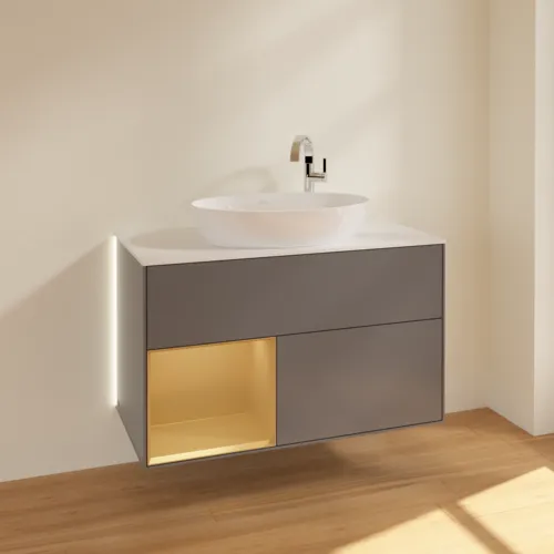 Bild von VILLEROY BOCH Finion Waschbeckenunterschrank, mit Beleuchtung, 2 Auszüge, 1000 x 603 x 501 mm, Anthracite Matt Lacquer / Gold Matt Lacquer / Glass White Matt #G891HFGK