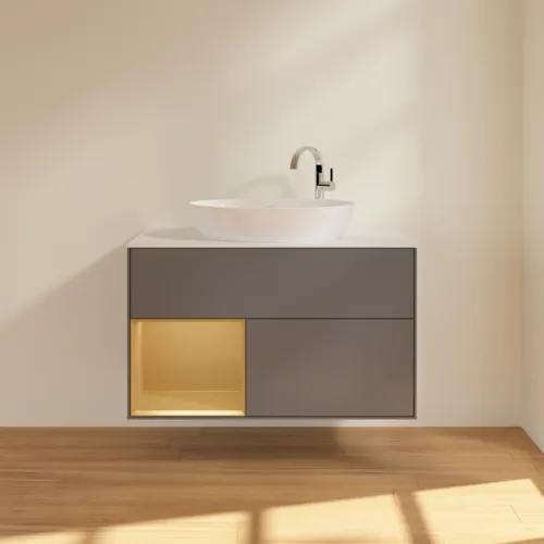 Bild von VILLEROY BOCH Finion Waschbeckenunterschrank, mit Beleuchtung, 2 Auszüge, 1000 x 603 x 501 mm, Anthracite Matt Lacquer / Gold Matt Lacquer / Glass White Matt #G891HFGK