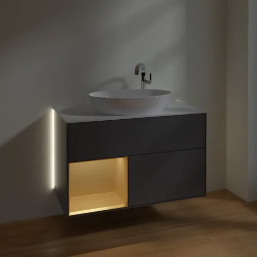 Bild von VILLEROY BOCH Finion Waschbeckenunterschrank, mit Beleuchtung, 2 Auszüge, 1000 x 603 x 501 mm, Anthracite Matt Lacquer / Gold Matt Lacquer / Glass White Matt #G891HFGK