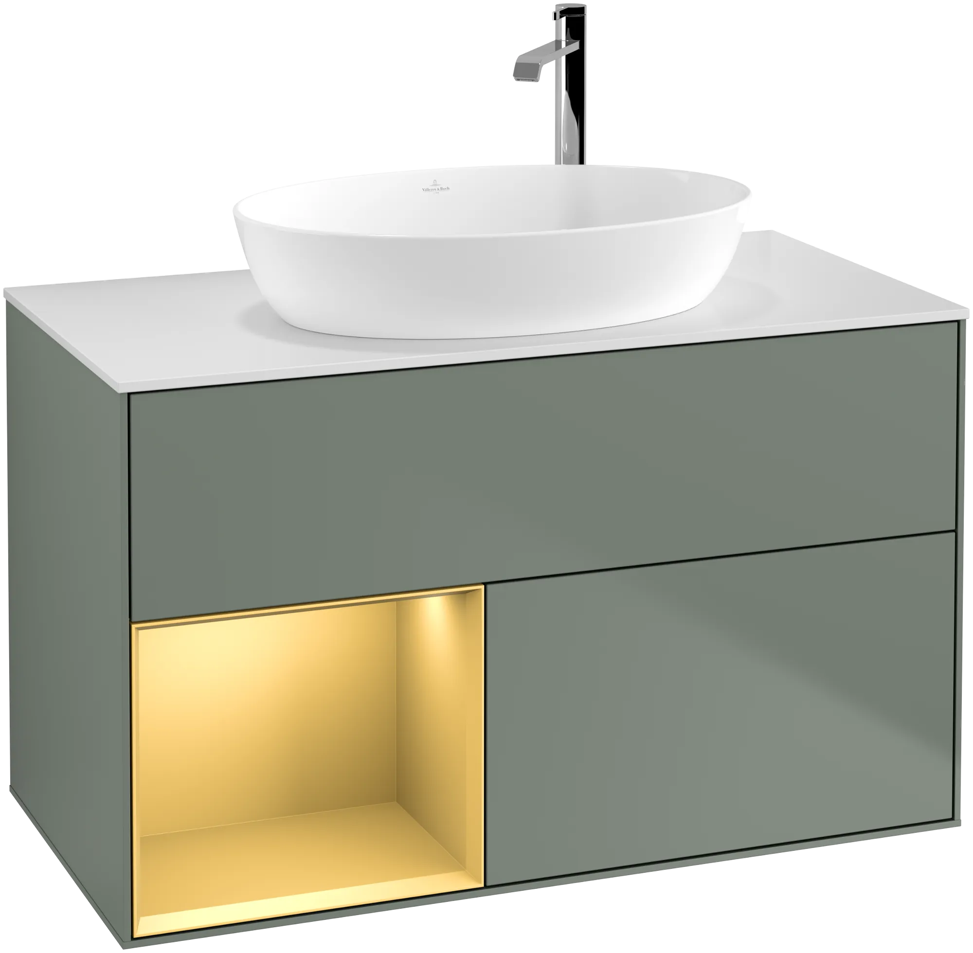 Picture of VILLEROY BOCH Finion Vanity unit, with lighting, 2 pull-out compartments, 1000 x 603 x 501 mm, Olive Matt Lacquer / Gold Matt Lacquer / Glass White Matt #G891HFGM