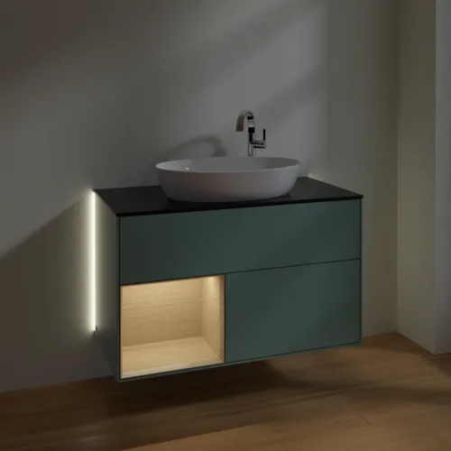 Bild von VILLEROY BOCH Finion Waschbeckenunterschrank, mit Beleuchtung, 2 Auszüge, 1000 x 603 x 501 mm, Olive Matt Lacquer / Oak Veneer / Glass Black Matt #G892PCGM