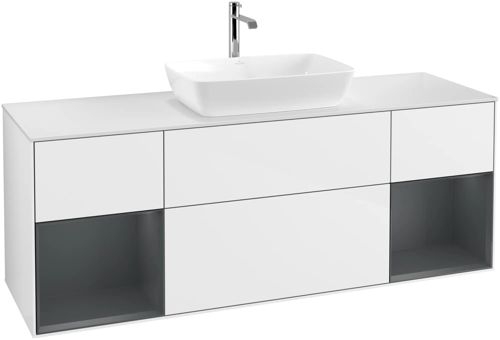Зображення з  VILLEROY BOCH Finion Vanity unit, with lighting, 4 pull-out compartments, 1600 x 603 x 501 mm, Glossy White Lacquer / Midnight Blue Matt Lacquer / Glass White Matt #G861HGGF