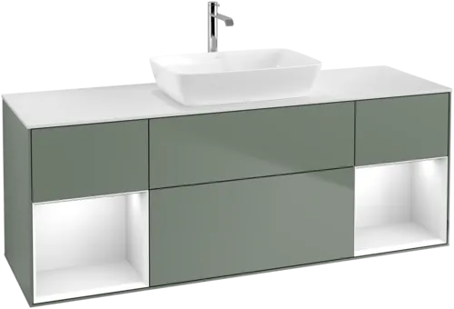 Зображення з  VILLEROY BOCH Finion Vanity unit, with lighting, 4 pull-out compartments, 1600 x 603 x 501 mm, Olive Matt Lacquer / Glossy White Lacquer / Glass White Matt #G861GFGM