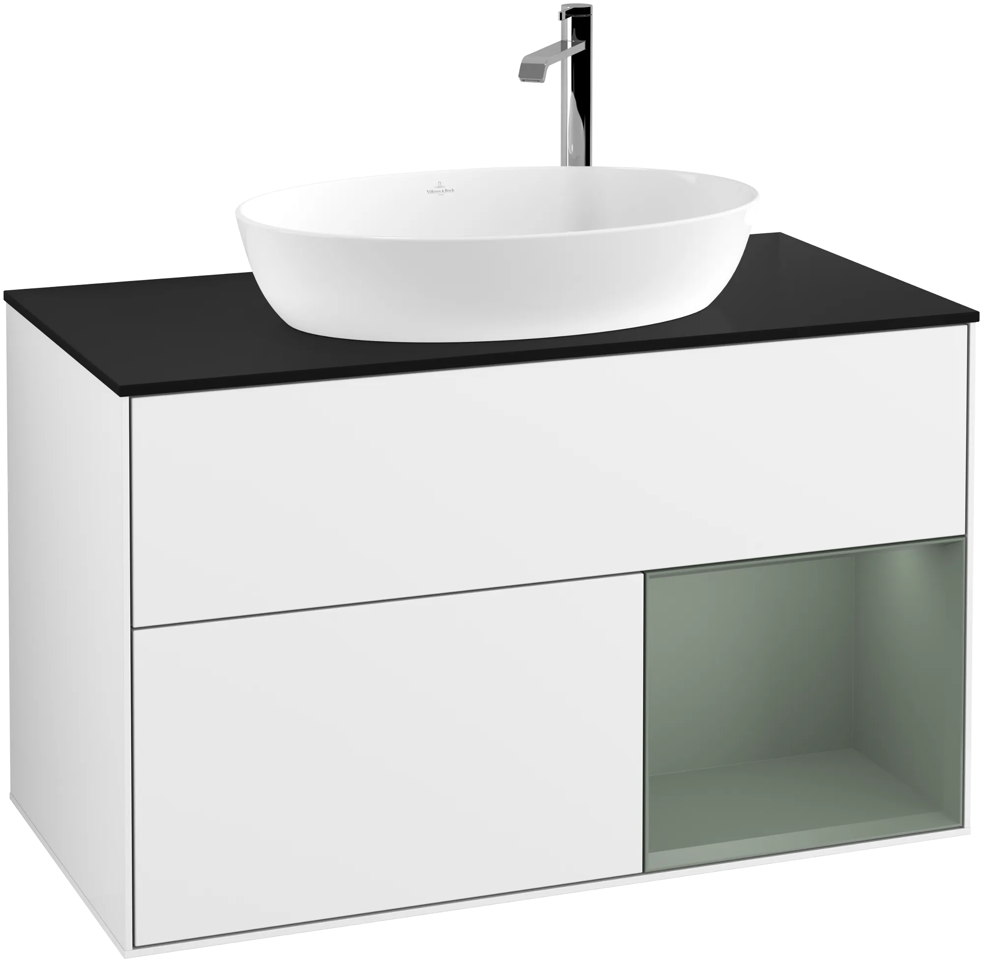 Зображення з  VILLEROY BOCH Finion Vanity unit, with lighting, 2 pull-out compartments, 1000 x 603 x 501 mm, Glossy White Lacquer / Olive Matt Lacquer / Glass Black Matt #G902GMGF