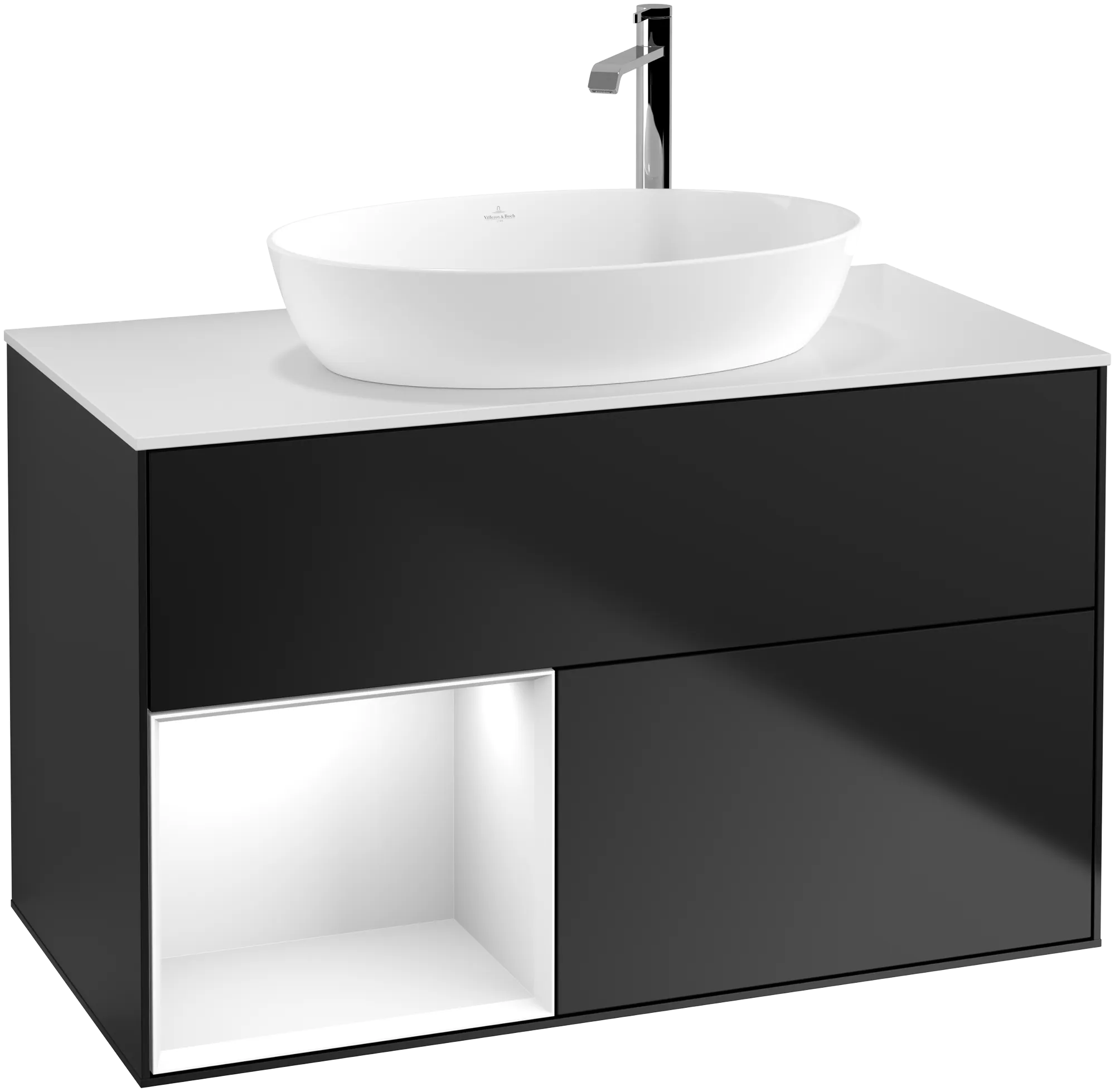 Зображення з  VILLEROY BOCH Finion Vanity unit, with lighting, 2 pull-out compartments, 1000 x 603 x 501 mm, Black Matt Lacquer / Glossy White Lacquer / Glass White Matt #G891GFPD
