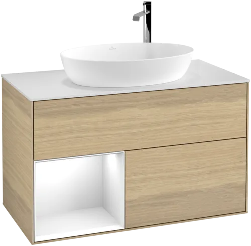 Зображення з  VILLEROY BOCH Finion Vanity unit, with lighting, 2 pull-out compartments, 1000 x 603 x 501 mm, Oak Veneer / Glossy White Lacquer / Glass White Matt #G891GFPC