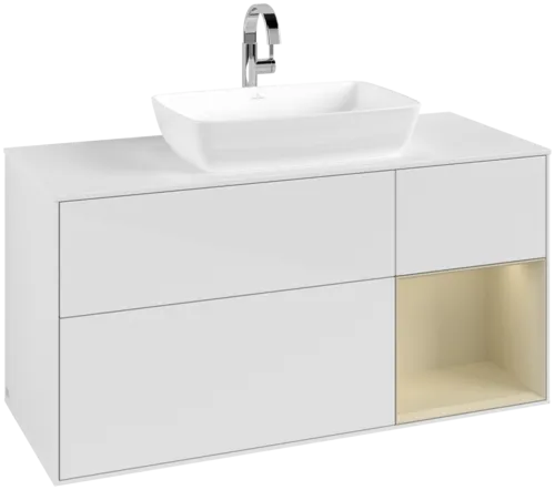 Зображення з  VILLEROY BOCH Finion Vanity unit, with lighting, 3 pull-out compartments, 1200 x 603 x 501 mm, Glossy White Lacquer / Silk Grey Matt Lacquer / Glass White Matt #G831HJGF
