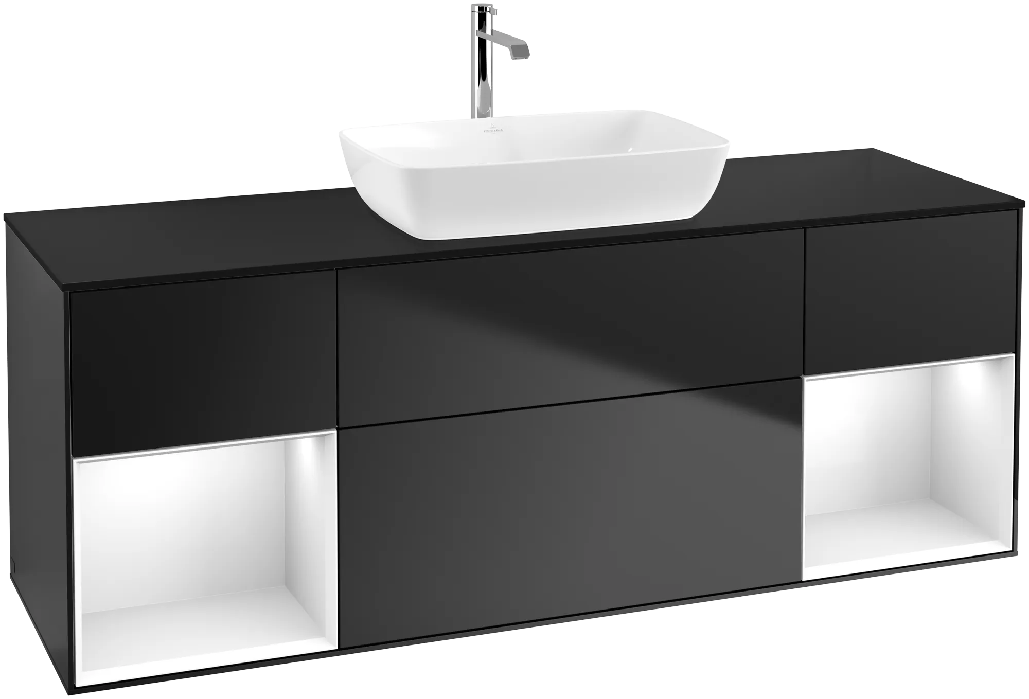 Зображення з  VILLEROY BOCH Finion Vanity unit, with lighting, 4 pull-out compartments, 1600 x 603 x 501 mm, Black Matt Lacquer / Glossy White Lacquer / Glass Black Matt #G862GFPD