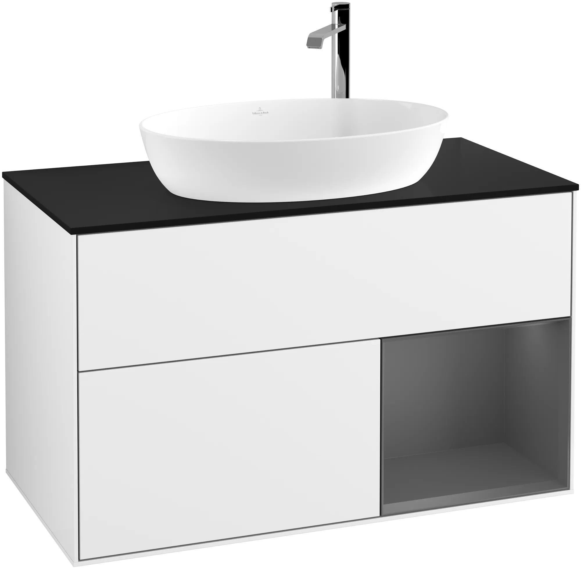 Зображення з  VILLEROY BOCH Finion Vanity unit, with lighting, 2 pull-out compartments, 1000 x 603 x 501 mm, Glossy White Lacquer / Anthracite Matt Lacquer / Glass Black Matt #G902GKGF