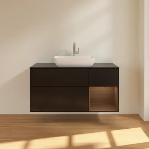 Bild von VILLEROY BOCH Finion Waschbeckenunterschrank, mit Beleuchtung, 3 Auszüge, 1200 x 603 x 501 mm, Black Matt Lacquer / Walnut Veneer / Glass Black Matt #G832GNPD