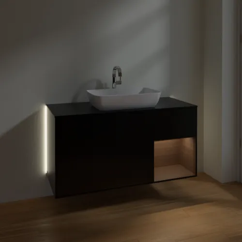 Bild von VILLEROY BOCH Finion Waschbeckenunterschrank, mit Beleuchtung, 3 Auszüge, 1200 x 603 x 501 mm, Black Matt Lacquer / Walnut Veneer / Glass Black Matt #G832GNPD