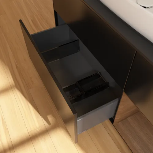 Bild von VILLEROY BOCH Finion Waschbeckenunterschrank, mit Beleuchtung, 3 Auszüge, 1200 x 603 x 501 mm, Black Matt Lacquer / Walnut Veneer / Glass Black Matt #G832GNPD