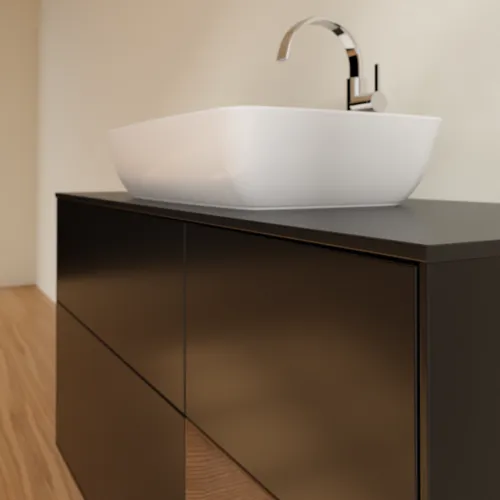 Bild von VILLEROY BOCH Finion Waschbeckenunterschrank, mit Beleuchtung, 3 Auszüge, 1200 x 603 x 501 mm, Black Matt Lacquer / Walnut Veneer / Glass Black Matt #G832GNPD