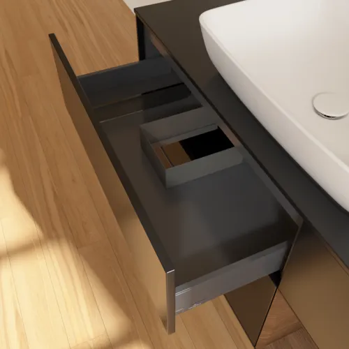 Bild von VILLEROY BOCH Finion Waschbeckenunterschrank, mit Beleuchtung, 3 Auszüge, 1200 x 603 x 501 mm, Black Matt Lacquer / Walnut Veneer / Glass Black Matt #G832GNPD