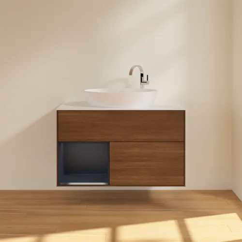 Bild von VILLEROY BOCH Finion Waschbeckenunterschrank, mit Beleuchtung, 2 Auszüge, 1000 x 603 x 501 mm, Walnut Veneer / Midnight Blue Matt Lacquer / Glass White Matt #G891HGGN