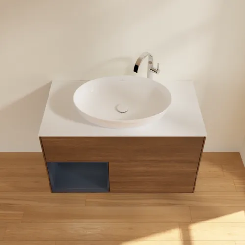 Bild von VILLEROY BOCH Finion Waschbeckenunterschrank, mit Beleuchtung, 2 Auszüge, 1000 x 603 x 501 mm, Walnut Veneer / Midnight Blue Matt Lacquer / Glass White Matt #G891HGGN