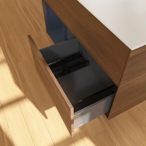 Bild von VILLEROY BOCH Finion Waschbeckenunterschrank, mit Beleuchtung, 2 Auszüge, 1000 x 603 x 501 mm, Walnut Veneer / Midnight Blue Matt Lacquer / Glass White Matt #G891HGGN