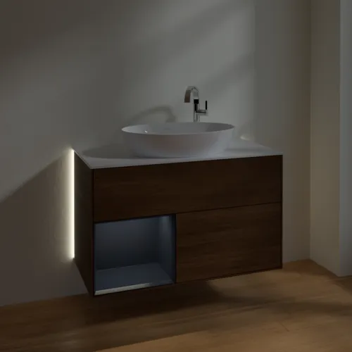 Bild von VILLEROY BOCH Finion Waschbeckenunterschrank, mit Beleuchtung, 2 Auszüge, 1000 x 603 x 501 mm, Walnut Veneer / Midnight Blue Matt Lacquer / Glass White Matt #G891HGGN