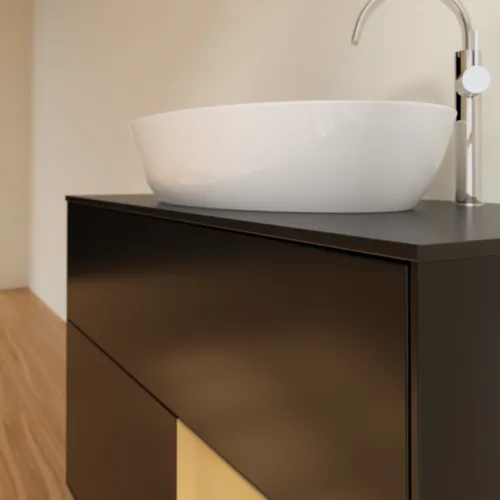 Picture of VILLEROY BOCH Finion Vanity unit, with lighting, 2 pull-out compartments, 1000 x 603 x 501 mm, Black Matt Lacquer / Gold Matt Lacquer / Glass Black Matt #G902HFPD
