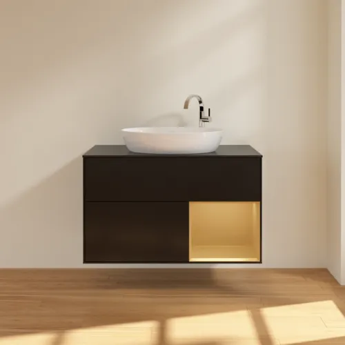 Picture of VILLEROY BOCH Finion Vanity unit, with lighting, 2 pull-out compartments, 1000 x 603 x 501 mm, Black Matt Lacquer / Gold Matt Lacquer / Glass Black Matt #G902HFPD