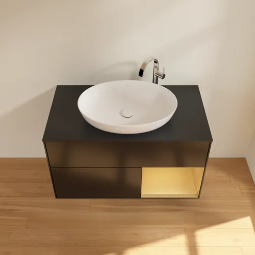 Picture of VILLEROY BOCH Finion Vanity unit, with lighting, 2 pull-out compartments, 1000 x 603 x 501 mm, Black Matt Lacquer / Gold Matt Lacquer / Glass Black Matt #G902HFPD