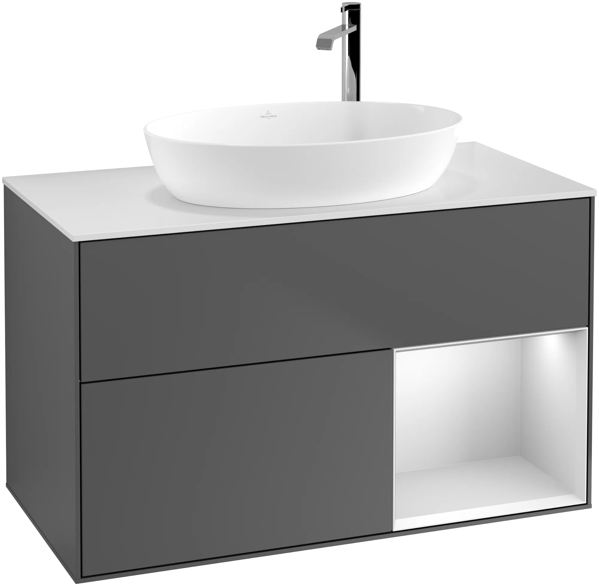 VILLEROY BOCH Finion Vanity unit, with lighting, 2 pull-out compartments, 1000 x 603 x 501 mm, Anthracite Matt Lacquer / White Matt Lacquer / Glass White Matt #G901MTGK resmi
