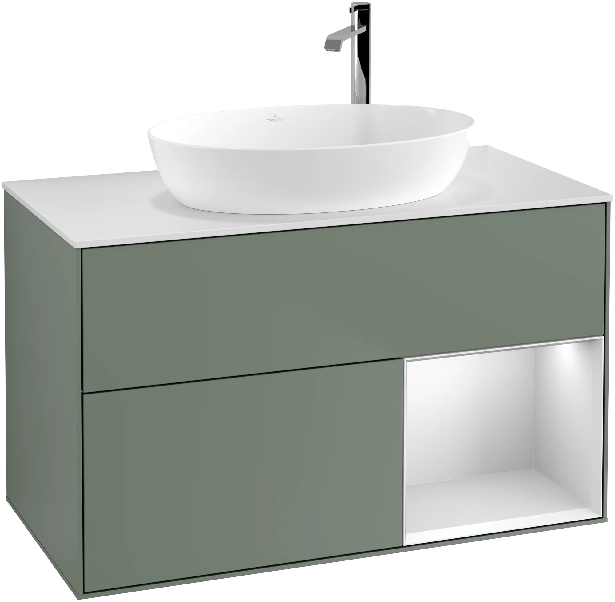 VILLEROY BOCH Finion Vanity unit, with lighting, 2 pull-out compartments, 1000 x 603 x 501 mm, Olive Matt Lacquer / White Matt Lacquer / Glass White Matt #G901MTGM resmi