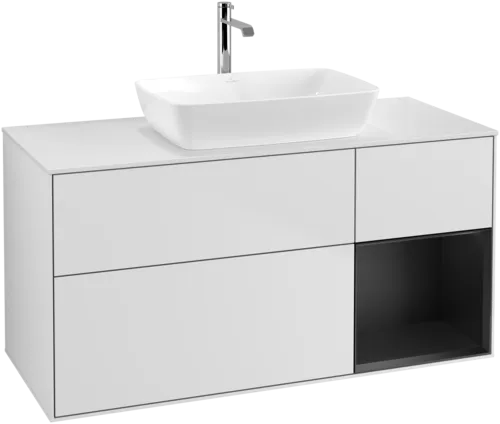 VILLEROY BOCH Finion Vanity unit, with lighting, 3 pull-out compartments, 1200 x 603 x 501 mm, White Matt Lacquer / Black Matt Lacquer / Glass White Matt #G831PDMT resmi