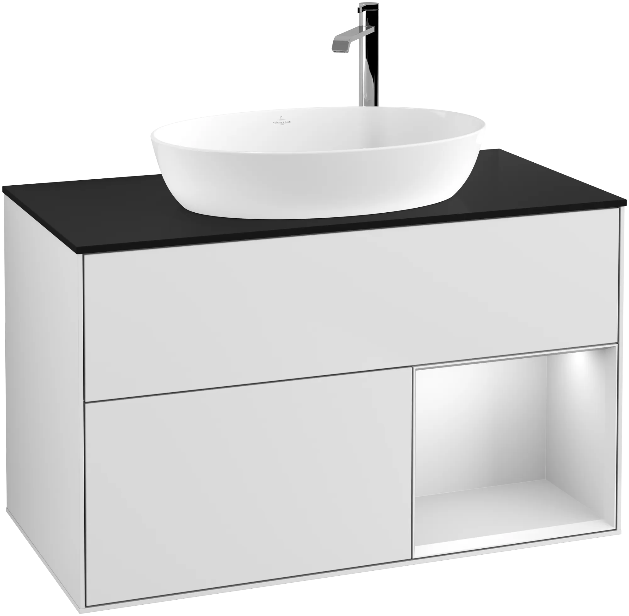 VILLEROY BOCH Finion Vanity unit, with lighting, 2 pull-out compartments, 1000 x 603 x 501 mm, White Matt Lacquer / White Matt Lacquer / Glass Black Matt #G902MTMT resmi